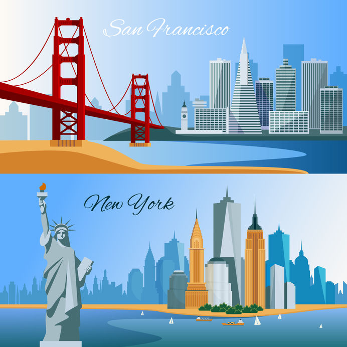 USA horizontal flat banners with San Francisco and New York cityscapes composition isolated vector illustration