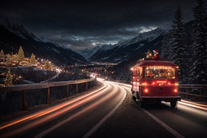 Red double decker bus with Christmas lights at night in the mountains