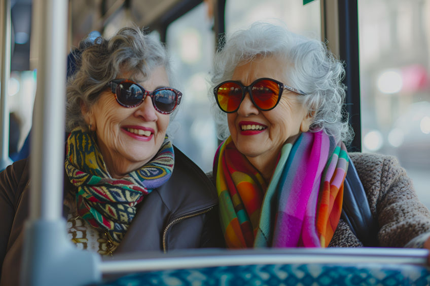 Joyful elderly women enjoying a bus ride together